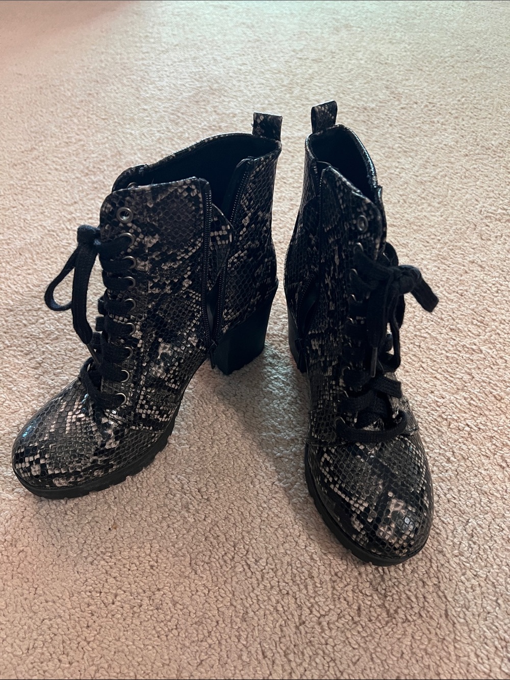 Time and Tru Black Snake Print Lace-Up Ankle Boots